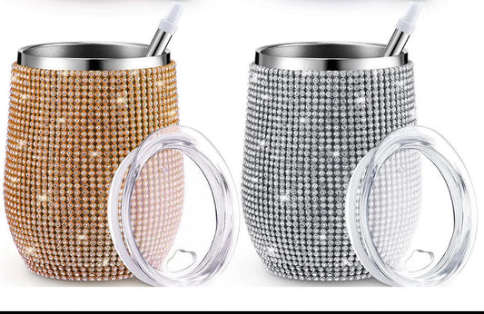 12oz Bling Stemless Double Wall Vacuum Insulated Wine or Coffee Tumbler with Lid